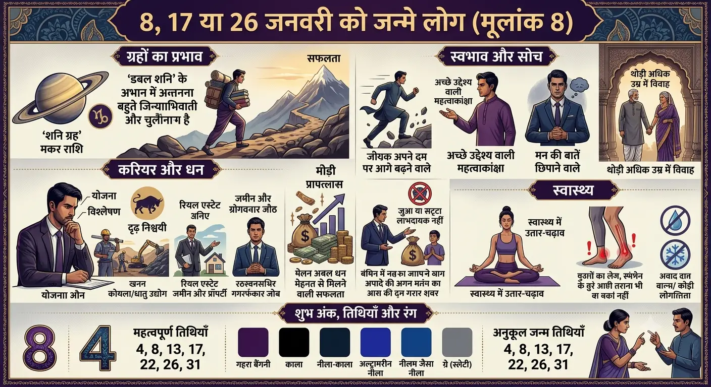 जनवरी में जन्मे अंक 8 वाले लोग — मूलांक 8 अंक ज्योतिष गाइड